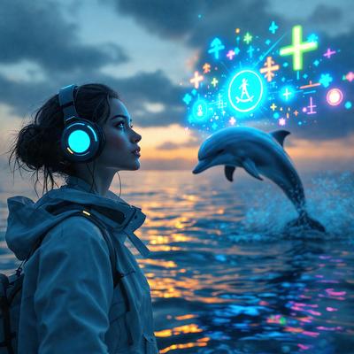 The primary subject of the image is a woman wearing headphones and standing near the ocean. The setting is a beach with a dolphin swimming in the water. The visual style is a digital art or illustration, creating a vibrant and lively atmosphere. The colors are predominantly blue and green, reflecting the ocean and the beach environment.